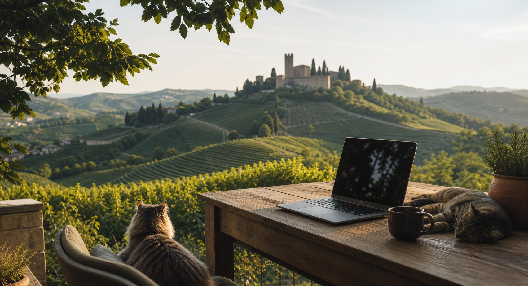 Lavoro solo da remoto dalle colline del Prosecco: vigneti, castello, ritmo concentrato e gatti come quality assurance non negoziabile.