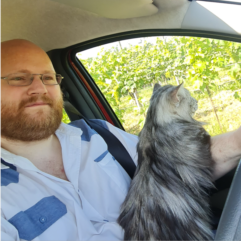 Nicolo Zanetti in auto con un gatto davanti ai vigneti