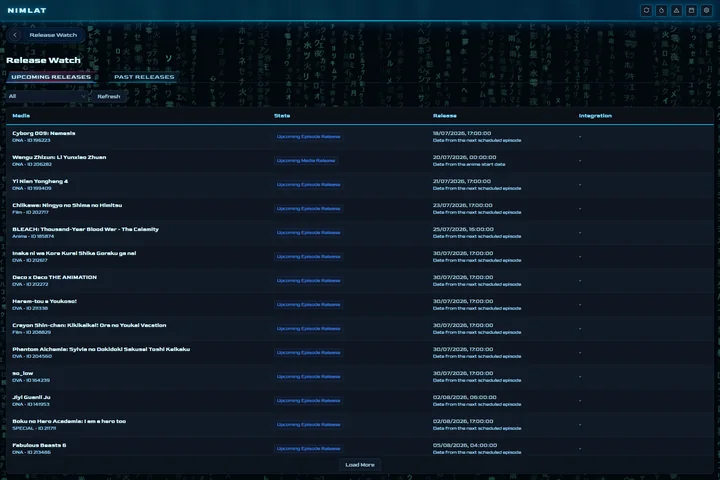 Nimlats Release-Watch-Konsole mit den überwachten Veröffentlichungen.